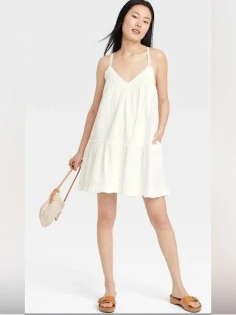 Universal Thread Cotton White Spaghetti Strap Ruffle Shift Dress Size Large